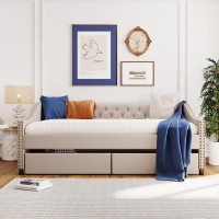 Flieks Upholstered Full Daybed With Two Storage Drawers Full Size Button Tufted Sofa Bed Daybed With Nailhead Trim And Wood Sla