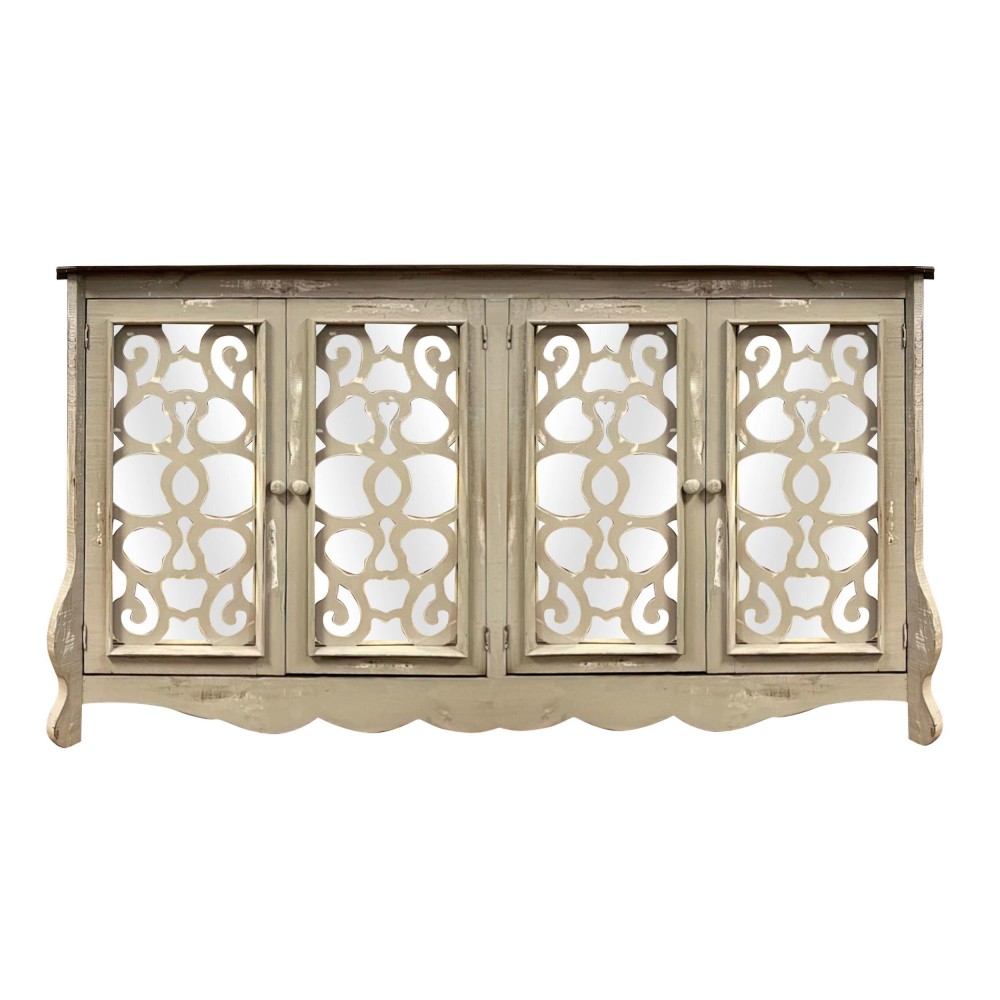 Storage console with 4 Doors and Scrolled Mirror Trim, Antique White and Silver(D0102H7UQ3J)