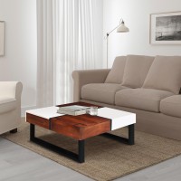 Byron 35 Inch Acacia Wood Square coffee Table, 2 Slide Out Storage, White, Mahogany Brown(D0102H5T34T)