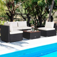 Tangkula 5 Piece Outdoor Patio Furniture Set, Patiojoy Pe Wicker Conversation Set With Solid Acacia Wood Tabletop And Soft Cushions, Patio Sectional Sofa Furniture Set For Garden, Poolside (Off White)