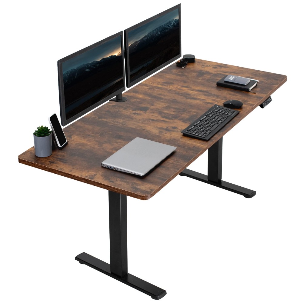 Vivo Electric Height Adjustable 71 X 30 Inch Memory Stand Up Desk, Rustic Vintage Brown Table Top, Black Frame, Standing Workstation With Preset Controller, 1B Series, Desk-Kit-1B7N