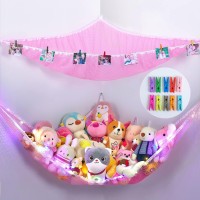Fiobee Stuffed Animals Net Or Hammock, Stuffed Animals Storage Holder Toy Hammock Organizer Hanging With Led Light Photo Clips For Nursery Play Room Kids Bedroom Pack Of 2, Pink