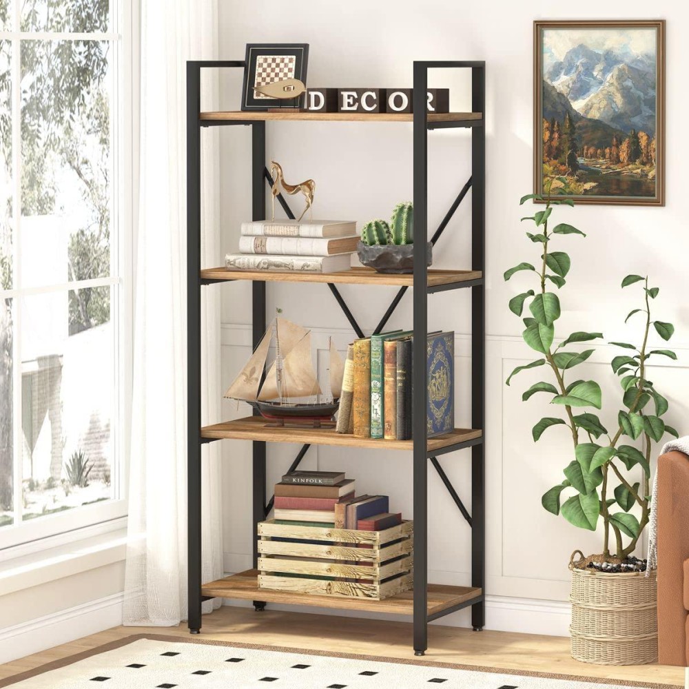 Bon Augure Industrial 4 Tier Bookshelf, Modern Open Etagere Bookcase, Heavy Duty Book Shelves, Wood Metal Shelving Unit For Living Room, Bedroom And Office (Vintage Oak)