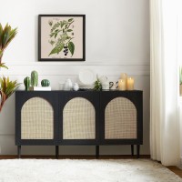 Hulala Home Farmhouse Boho Sideboard Buffet Cabinet With 3 Rattan Doors And 3 Shelves, Kitchen Storage Credenza With Solid Wood Legs, Modern Accent Console Table For Living Room & Dining Room, Black