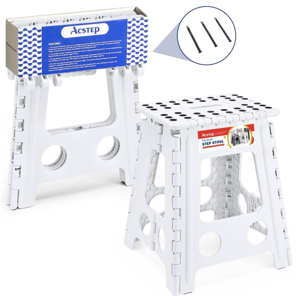 Acstep Folding Step Stool 16 Inch Stool Heavy Duty Plastic Foldable Step Stools For Adults And Kids, Stepping Stool With Handle, Folding Stool Suitable For Kitchen Hold Up To 400Lbs (White 1Pc)