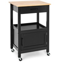 SILKYDRY Small Kitchen Island with Storage, Rolling Kitchen Cart on Wheels with Drawer, Rubber Wood top, 3 Hooks, Open Shelf & Storage Cabinet, Trolley Utility Cart for Dining/Living Room (Black)