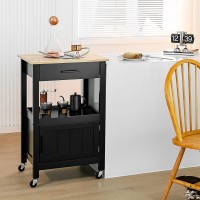 SILKYDRY Small Kitchen Island with Storage, Rolling Kitchen Cart on Wheels with Drawer, Rubber Wood top, 3 Hooks, Open Shelf & Storage Cabinet, Trolley Utility Cart for Dining/Living Room (Black)