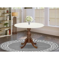 East West Furniture Modern Dining Table with Drop Leaves Linen White Table Top and Mahogany Pedestal Leg Finish