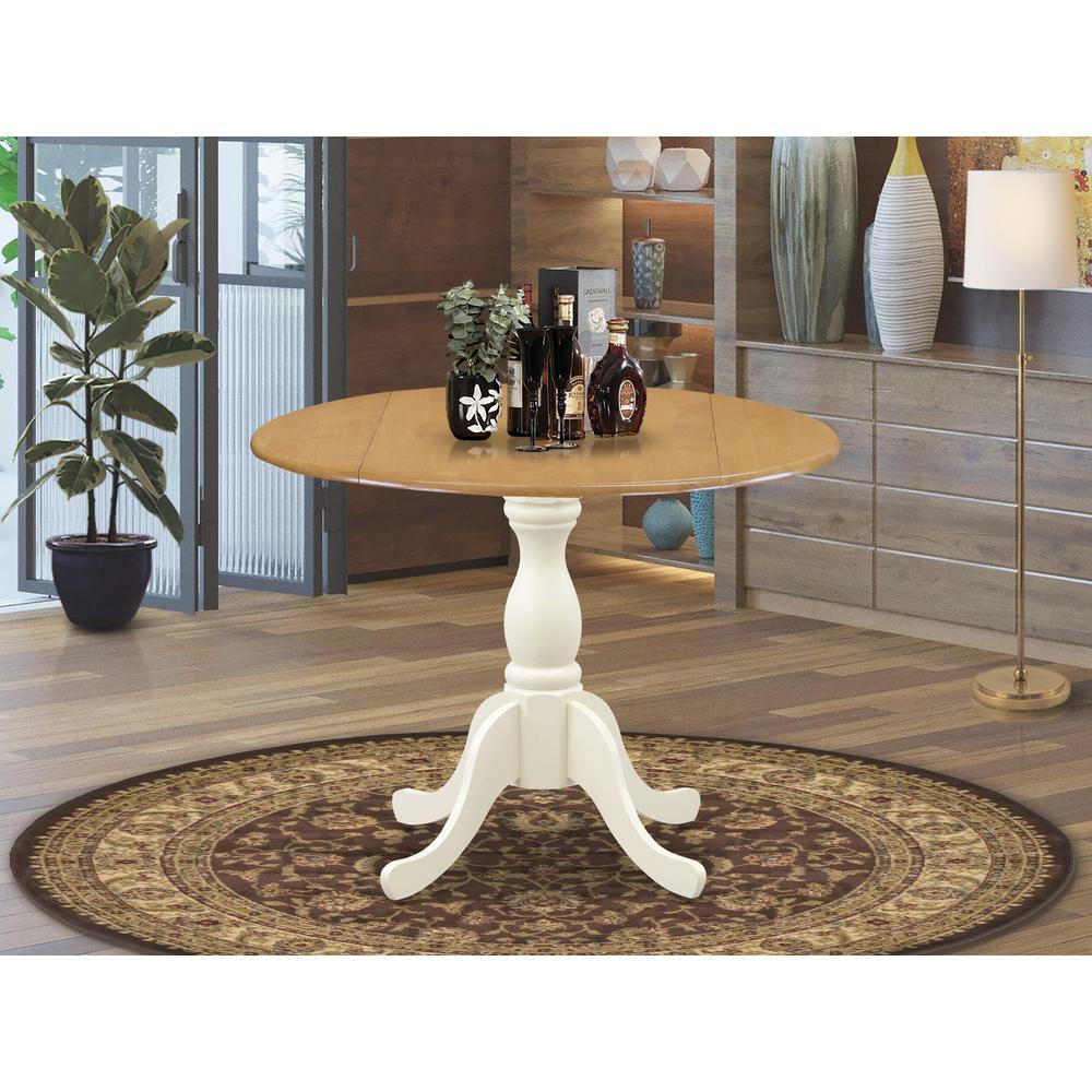 East West Furniture Wooden Dining Table with Drop Leaves Oak Table Top and Linen White Pedestal Leg Finish