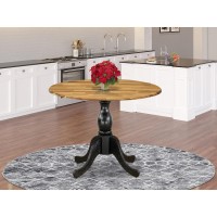 East West Furniture Round Dinning Table with Drop Leaves Natural Table Top and Black Pedestal Leg Finish