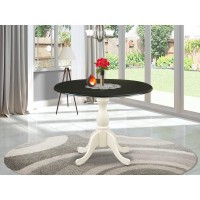 East West Furniture Dining Room Table with Drop Leaves Black Table Top and Linen White Pedestal Leg Finish