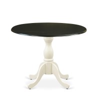 East West Furniture Dining Room Table with Drop Leaves Black Table Top and Linen White Pedestal Leg Finish