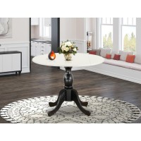 East West Furniture Round Kitchen Table with Drop Leaves Linen White Table Top and Black Pedestal Leg Finish