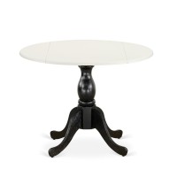 East West Furniture Round Kitchen Table with Drop Leaves Linen White Table Top and Black Pedestal Leg Finish