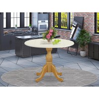 East West Furniture Wood Dining Table with Drop Leaves Linen White Table Top and Oak Pedestal Leg Finish