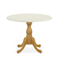 East West Furniture Wood Dining Table with Drop Leaves Linen White Table Top and Oak Pedestal Leg Finish