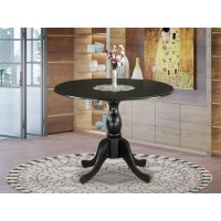 East West Furniture Round Dining Table with Drop Leaves Black Table Top and Black Pedestal Leg Finish