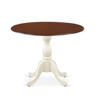 East West Furniture Mid Century Dining Table with Drop Leaves Mahogany Table Top and Linen White Pedestal Leg Finish