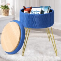 Gerant Velvet Storage Ottoman Vanity Stools - Multifunctional Wavy Upholstered Pleated Round Footrest With Golden Metal Legs, Removable Coffee Table Top Cover,Suitable For Living Room(Royal Blue)