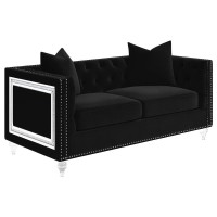 Elegant low profile button tufted shelter back sofa collection upholstered in a luxurious black velvetDouble row of small chrome, individually hammered nailheads frame the top back and armsOutside arms accented with a mitered mirror and acrylic crystal fr