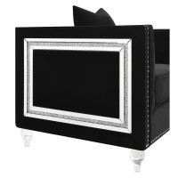 Elegant low profile button tufted shelter back sofa collection upholstered in a luxurious black velvetDouble row of small chrome, individually hammered nailheads frame the top back and armsOutside arms accented with a mitered mirror and acrylic crystal fr