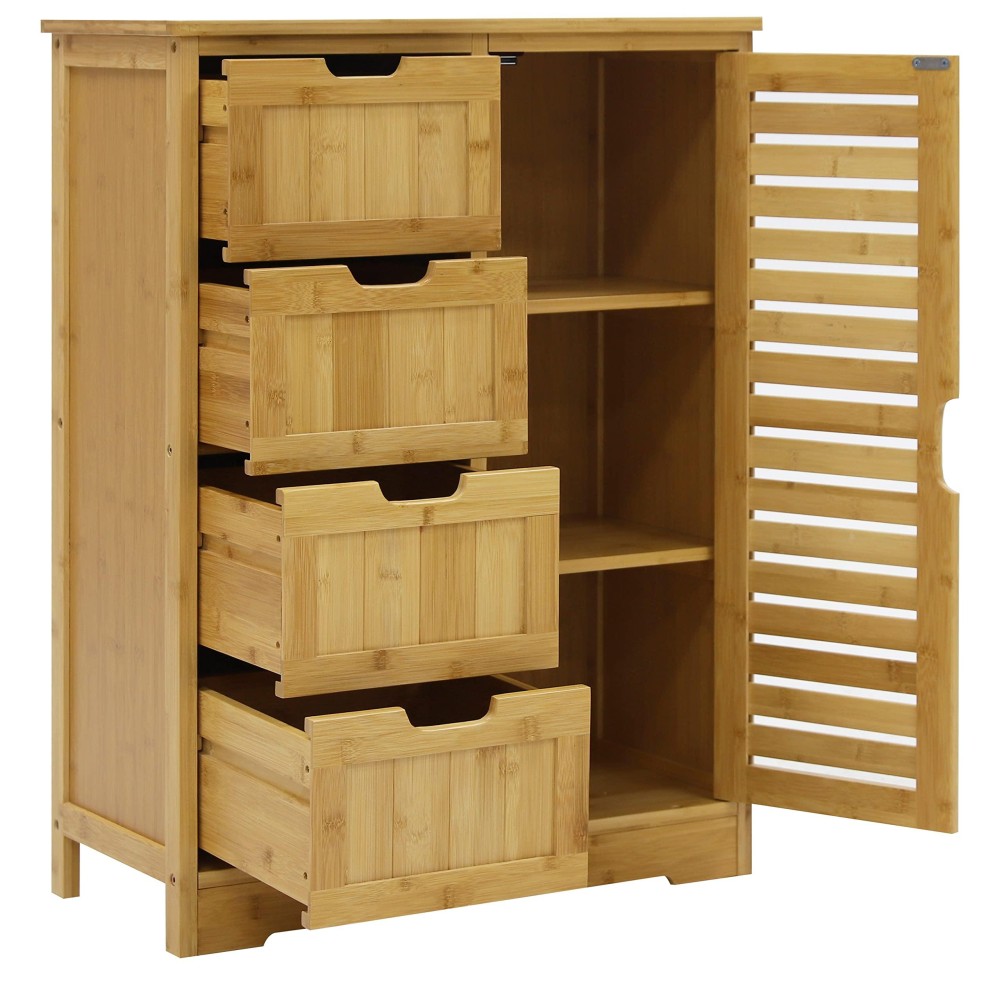 Veikou Bathroom Storage Cabinet With 4 Drawers, Freestanding Bamboo Cabinet With 2 Removable Shelves, Living Room Organizer Storage Cabinet, Natural