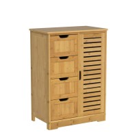 Veikou Bathroom Storage Cabinet With 4 Drawers, Freestanding Bamboo Cabinet With 2 Removable Shelves, Living Room Organizer Storage Cabinet, Natural