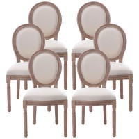 Nrizc French Dining Chairs Set Of 6 French Country Vintage Farmhouse Dining Chairs With Round Back Solid Wood Beige Fabric Di