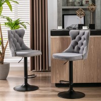 Swivel Bar Stools Set Of 2, Adjustable Counter Height Barstools With Nailheads Trim, Button Tufted Back And Black Footrest, Velvet Upholstered Bar Chairs For Dining Room Home Bar Kitchen Island, Gray