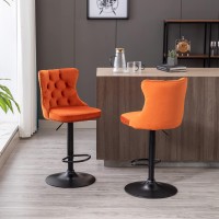 I-Pook Swivel Bar Stools Set Of 2, Adjustable Counter Height Barstools With Nailheads Trim, Button Tufted Back And Black Footrest, Velvet Bar Chairs For Dining Room Home Bar Kitchen Island, Orange