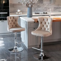 I-Pook Swivel Bar Stools Set Of 2, Adjustable Counter Height Barstools With Nailheads Trim, Button Tufted Back And Sliver Footrest, Velvet Bar Chairs For Dining Room Home Bar Kitchen Island, Khaki