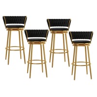 Guyifuny 360 Swivel Bar Stools Set Of 4, Velvet Gold Breakfast Dining Chair Height Bar Chairs With Metal Frame And Footrest For Breakfast Bar, Counter, Kitchen And Home, 29.5'',Black