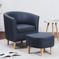 Dazone Leather Chair, Accent Chair Mid Century Modern With Ottoman Faux Barrel Comfy Armchair Upholstered Club Tub Round Arms For Living Room Bedroom Reading Navy Blue Set Of 1