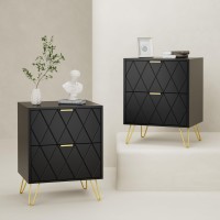 Anbuy Large Black Nightstand Set Of 2 End Side Table Double Bedside Table With 2 Spacious Drawers Dual Night Stand Gold Legs