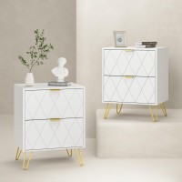 Anbuy Large White Nightstand Set Of 2 End Side Table Double Bedside Table With 2 Spacious Drawers Dual Night Stand Gold Legs