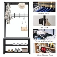 Metal Coat Rack Stand With Shoe Bench, Modern Coat Tree With 10 Hooks And 2-Tier Shoe Rack, Lots Of Storage Space, 4 In 1 Entryway Hall Tree With Storage Bench, Easy To Assemble