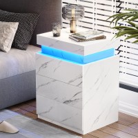 Adorneve Nightstand With Charging Station And Led Lights,Night Stand With Sliding Top For Bedroom,Bedside Table With Drawers,Modern End Side Table,White Marble