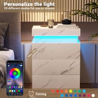 Adorneve Nightstand With Charging Station And Led Lights,Night Stand With Sliding Top For Bedroom,Bedside Table With Drawers,Modern End Side Table,White Marble