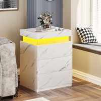 Adorneve Nightstand With Charging Station And Led Lights,Night Stand With Sliding Top For Bedroom,Bedside Table With Drawers,Modern End Side Table,White Marble