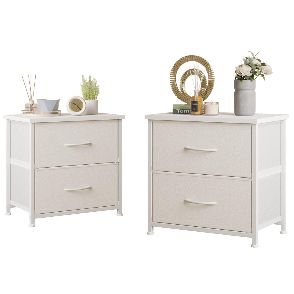 Lumtok White Nightstand With Drawer, 2 Drawers Dresser For Bedroom, Small Night Stand And Dressers Sets Fabric Drawers, End Table Drawer Living Room (2Pcs)