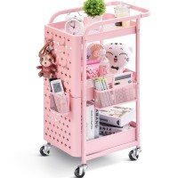 Kingrack 3-Tier Rolling Cart, Metal Utility Cart With Pegboard, Storage Trolley Organizer Serving Cart With Handle And Extra Baskets/Hooks For Office, Bathroom, Kitchen, Kids' Room Classic Pink