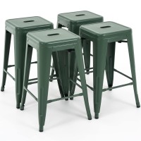 Vogue Furniture Direct 24 Inch Metal Bar Stools, Backless Counter Height Barstools, Indoor Outdoor Stackable Stools With Square Seat, Set Of 4 (Dark Green)