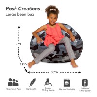 Posh Creations Bean Bag Chair For Kids Teens And Adults Includes Removable And Machine Washable Cover Soft Nylon Camo Gray