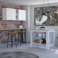Austin 2 Piece Kitchen Set, Upper Wall cabinet + Kitchen Island , White Walnut(D0102H2BcYg)