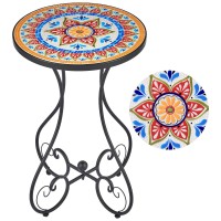 Vonluce Outdoor Side Table And Mosaic Plant Stand, Round End Table With 14