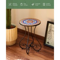 Vonluce Outdoor Side Table And Mosaic Plant Stand, Round End Table With 14