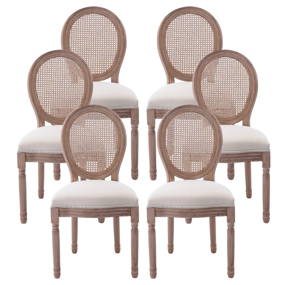 Nrizc Farmhouse Fabric Dining Room Chairs Set Of 6 French Chairs With Round Back Rattan Dining Chair Oval Side Chairs For Din