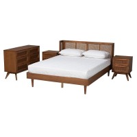 Baxton Studio Rina MidCentury Modern Ash Walnut Finished Wood 4Piece King Size Bedroom Set with Synthetic Rattan