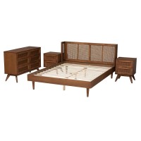 Baxton Studio Rina MidCentury Modern Ash Walnut Finished Wood 4Piece King Size Bedroom Set with Synthetic Rattan