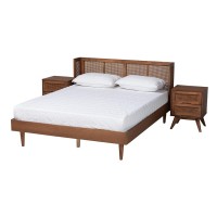 Baxton Studio Rina MidCentury Modern Ash Walnut Finished Wood 3Piece King Size Bedroom Set with Synthetic Rattan